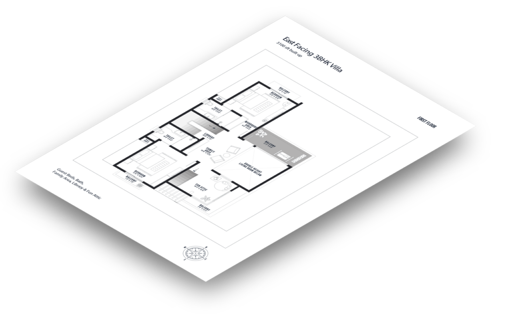 a floorplan of the first floor of the east-facing villa