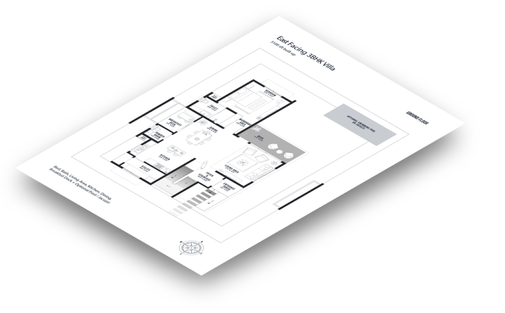 a floorplan of the ground floor of the east-facing villa