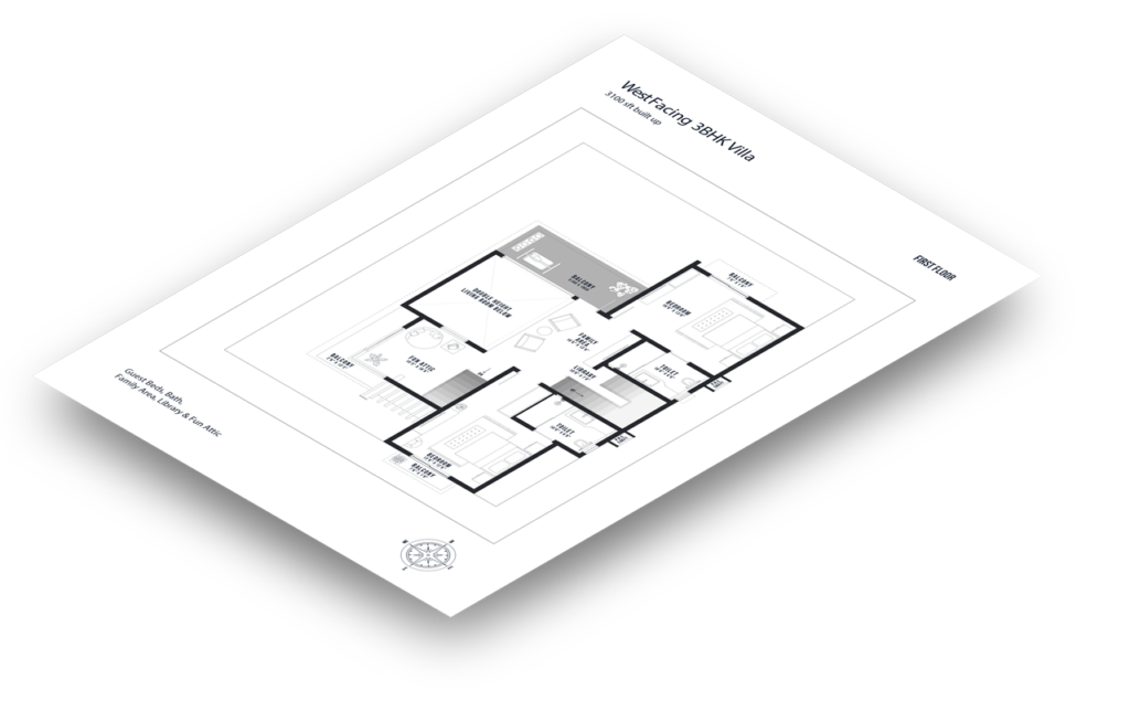 a floorplan of the first floor of the west-facing villa