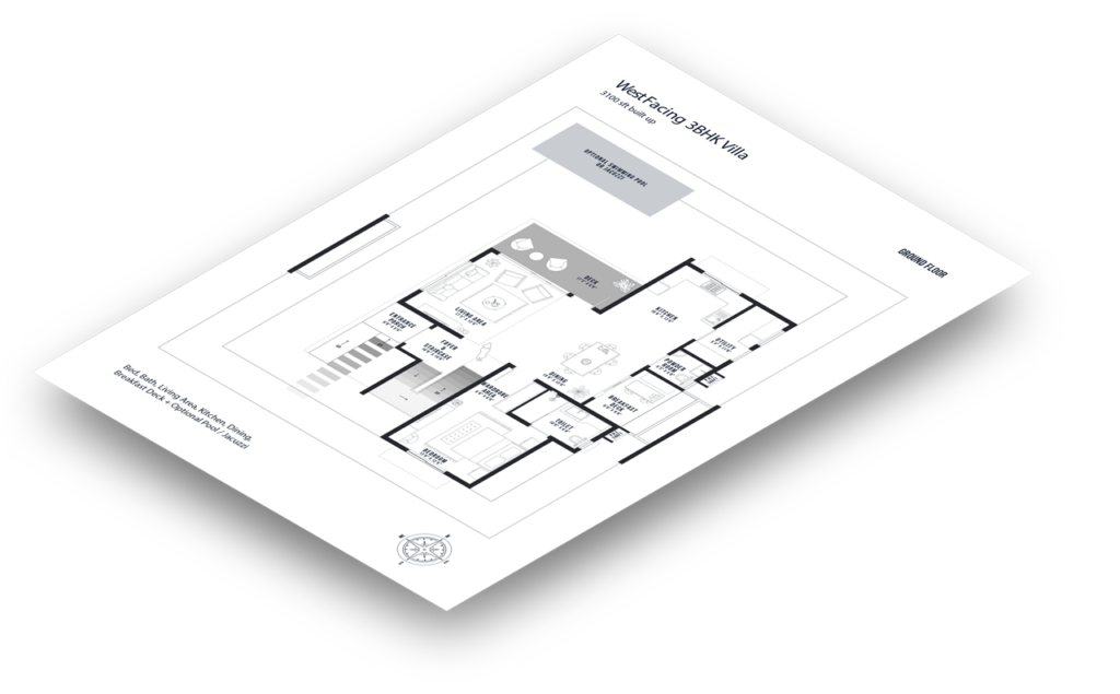 a floorplan of the ground floor of the west-facing villa